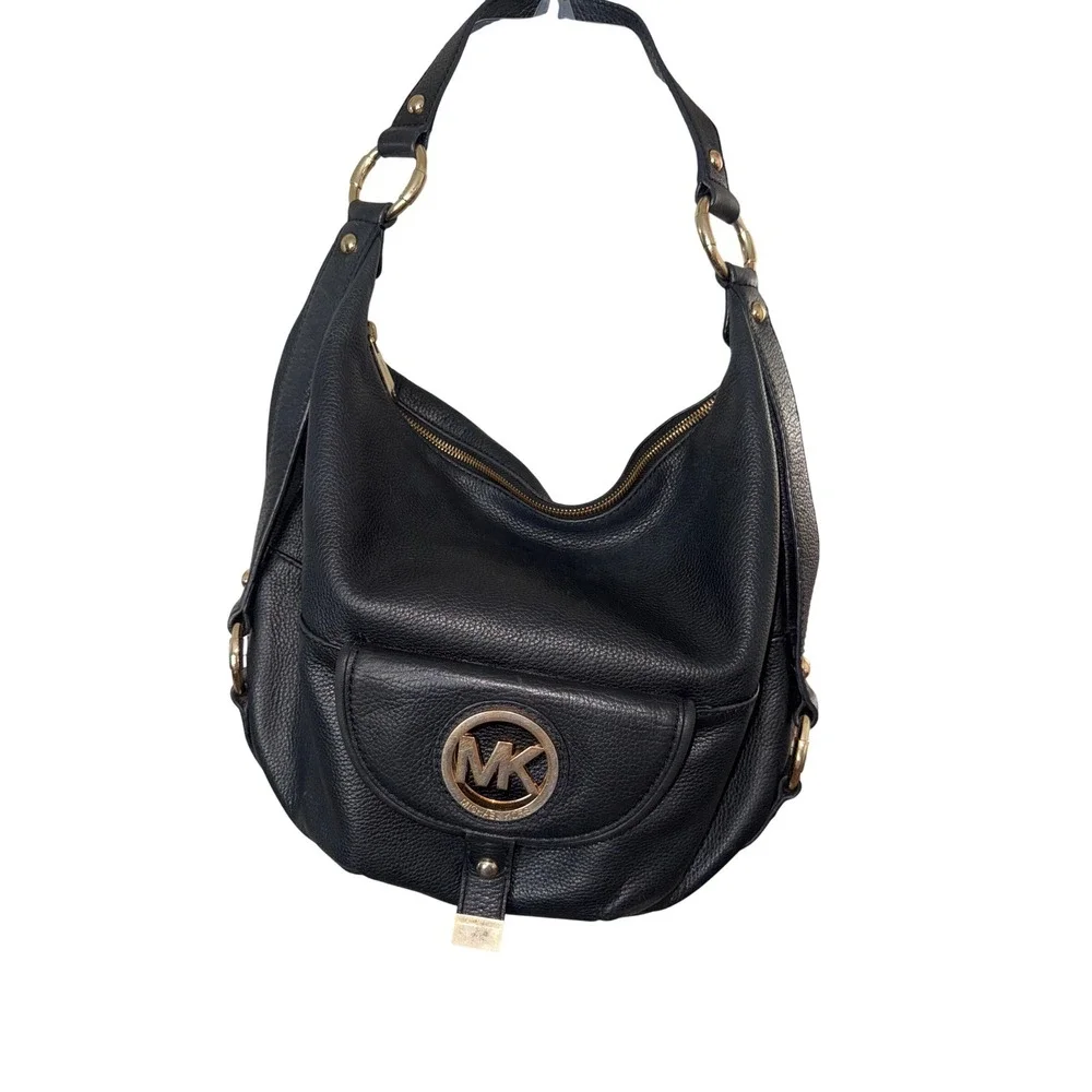 Michael Kors MK Pebbled Leather Large Black Satchel Shoulder Bag Purse